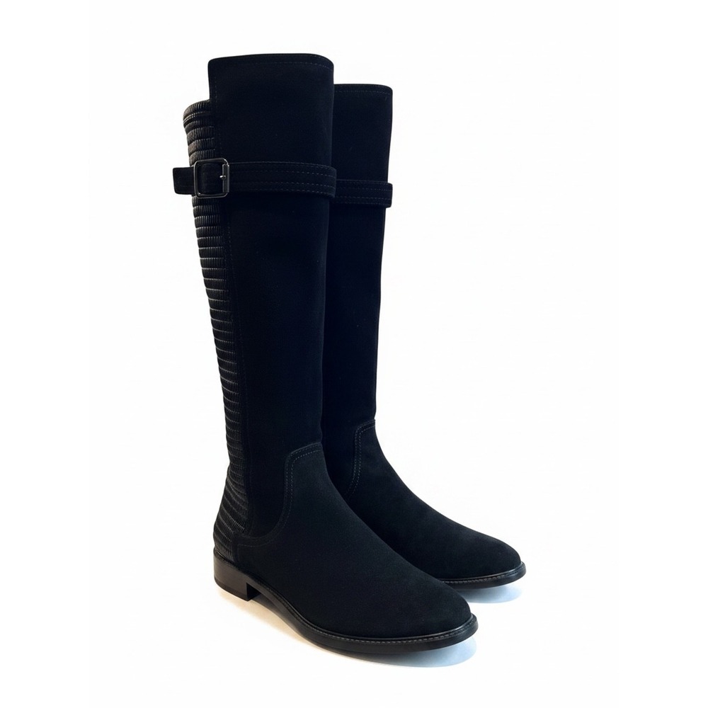 Aquatalia Tall Riding Boots 7.5 Black Suede Quilted stretch back Italian Chic
